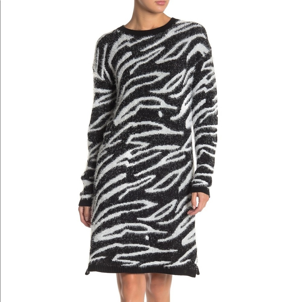 Susina Crew Neck Jacquard Faux Fur Sweater Dress